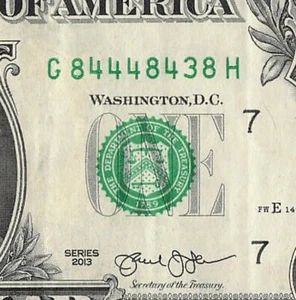 Trinary 3s 8s 4s Fancy Serial Number One Dollar Bill G84448438H - Picture 1 of 11