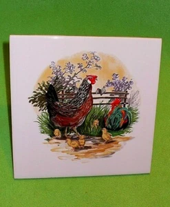 Vintage MOTHER HEN CHICKS & ROOSTER art tile in vivid colors. 5 15/16 " square. - Picture 1 of 4