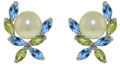 PENDIENTES ORO 14K CON PERIDOTOS, TOPACIO AZUL Y PERLAS (Oro Blanco) Foto 1 de 4