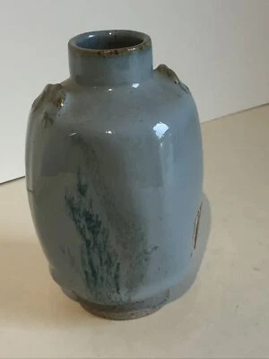 Eeles Pottery Stoneware Bottle / Bud Vase. Blue Glaze 12cm x 7cm. Makers Sticker - Image 1 of 4