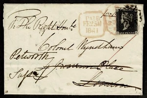 1841 1d Black Pl 8 CE Kilkenny to London Redirected Petworth Colonel Wyndham FU - Picture 1 of 2
