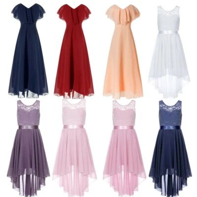 Girls Wedding Flower Kid Long Dress Lace Ruffle Chiffon Princess Party Silk Gown - Image 1 of 3