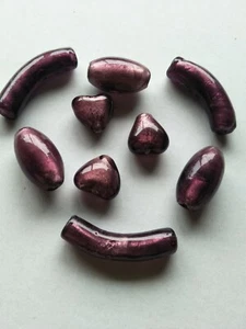 9x glass foil beads purple chunky heart oval tube (c1775) - Picture 1 of 3
