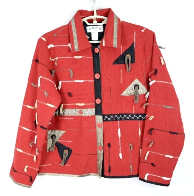 Chaqueta para mujer ORVIS algodón poliéster manga larga tribal geométrica roja talla M Foto 1 de 4