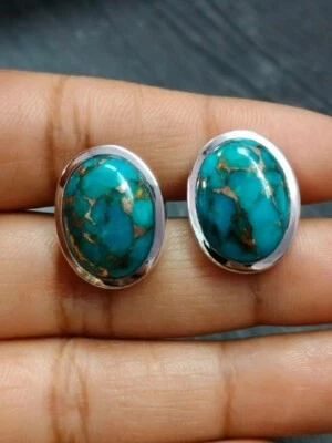 Подарок отцу ювелирные изделия серебро 925 пробы запонки овальные драгоценные камни медь бирюза - Изображение 1 из 3