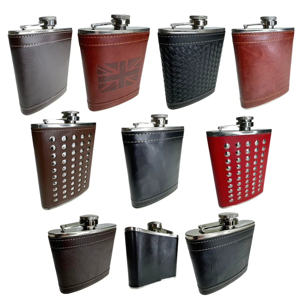 5oz, 6oz & 8oz Hip Flask Leather, Stainless Steel with Various Design Style - Image 1 of 1
