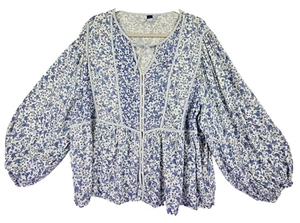 Old Navy Pieced Paisley Top Womens XXL Blue Balloon Sleeve Cottage Poet Peasant - Picture 1 of 10
