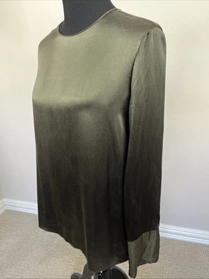 VINCE $425 NWOT Size 8 40" 100% Silk Crew Neck Blouse Top Side Slits Cuffs Olive - Image 1 of 4