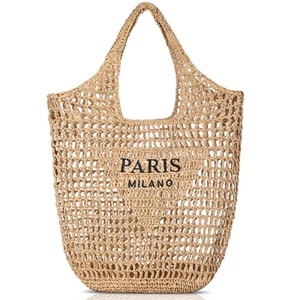 Natural Raffia Knit Tote Bag Embroidered ‘Paris Milano’ Hobo Beach Bag Ha... - Picture 1 of 7