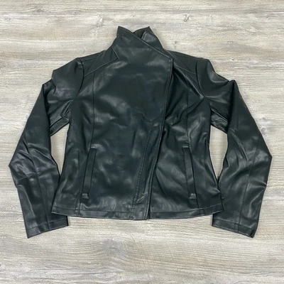 Chaqueta de motociclista Ann Taylor para mujer 6 imitación cuero asimétrica verde oscuro Foto 1 de 4
