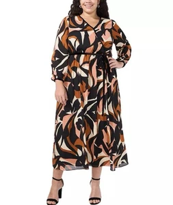 SZ 1x Printed Faux-Wrap Long-Sleeve Maxi Dress W/ Velour Belt MSK - Picture 1 of 8