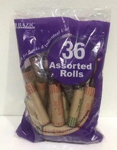 BAZIC Coin Wrappers Rolls - Assorted 36 Quarter, Nickles, Dimes And Penny rolls - Picture 1 of 1