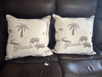 Magaschoni Home Safari Hippo Africa Pillow Linen Blend 22 in x 22 Pair Of 2 - Image 1 of 4