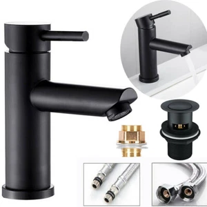 Black Basin Mixer Tap Mono circle Modern Cloakroom Bathroom Sink Faucet + Waste - Picture 1 of 10