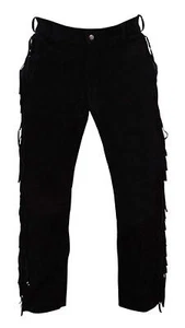 New Men Native American Black Suede Leather Pant with Fringes adjustable back - Picture 1 of 3