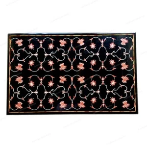 Handmade Black Marble Inlay Dining Table Top – Rectangle Pietra Dura 60"×36" - Picture 1 of 6
