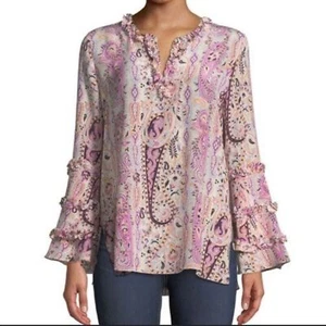 KOBI HALPERIN Celia Paisley Bell Sleeve Ruffle Blouse In Pink Taffy Size XS Silk - Picture 1 of 5