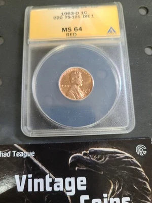1963-D ANACS MS64 RED DDO FS-101 DIE 1 LINCOLN PENNY *ERROR COIN* - Image 1 of 4