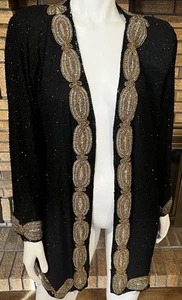 Vinnie Vintage Black Gold & Silver Beaded Evening Jacket Topper Size 1X - Picture 1 of 10