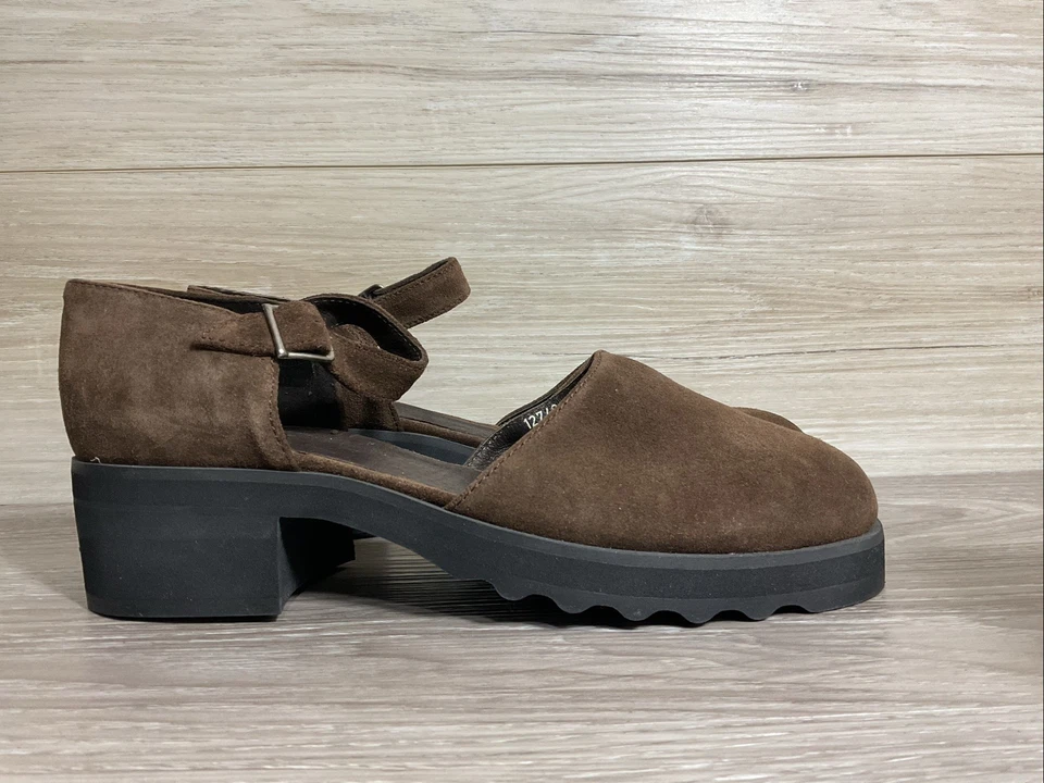 Vintage años 90 Y2K J. Crew Talla 9.5 Marrón Gamuza Grueso Mary Jane Zapatos Hebilla Italia Foto 1 de 4