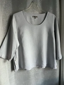 FLAX L 3/4 Slv Round Neck Shirt Top Side Buttons 100% Linen Bluish Gray - Picture 1 of 10