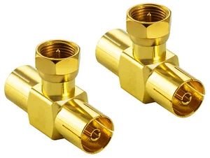 Poppstar 2x Sat Adapter T-Stück (F-Stecker auf 2x IEC Antennenbuchse), vergoldet - Afbeelding 1 van 3