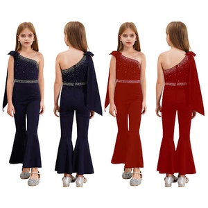 Kids Girls Bodysuit Bell-Bottom Rompers Elegant Jumpsuit Rhinestones Costume - Picture 1 of 30