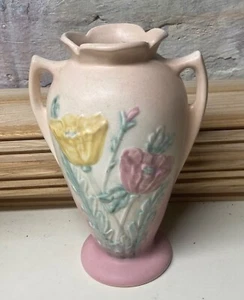 Vintage Rumpf Keramik Mohn matt rosa bis creme Doppelgriffe Vase #607-8 1/2" - Bild 1 von 6