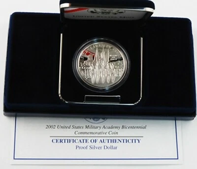 2002 West Point Military Academy PROOF 90% Silver Dollar US Mint Coin Box + COA - Image 1 of 4