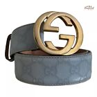 Authentic Gucci Blue Guccissima Leather Gold Interlocking G Buckle Belt 80/32