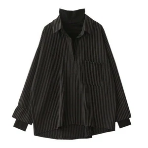 Women Stripe Shirt Blouse 2 In 1 Top Turtle Neck Gothic Harajuku Casua Loose - Picture 1 of 9