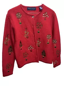 Vintage Karen Scott Christmas Sweater 100% Wool Embroidery Poinsettia Petite S - Picture 1 of 6