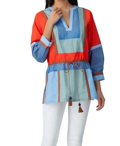 TUNICA POPELINE TORY BURCH COLOR BLOCK con coulisse in vita taglia 8 $348 (nuova con etichette)