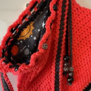 HOOKYLOOPS Hand Crochet Purse Tote XBODY Orange Black Space Galaxy Rev Beads Lg