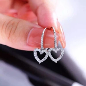 1Ct Round Cut Simulated Diamond Heart Shape Drop Earrings 14k White Gold Plated - Picture 1 of 9