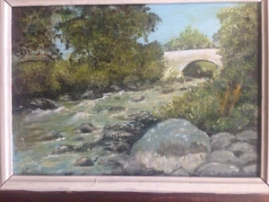 countryside vintage oil painting representing a river and bridge M Baker - Picture 1 of 3