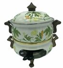 Vtg Asta German Enamelware Fondue Warmer Pot Brass Handles & Feet Floral Squash