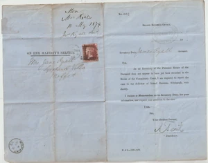 1879 OHMS INLAND REVENUE A TAIT DUMFRIES TO JANE RYALL MOFFAT RARE 1d PLATE 208 - Picture 1 of 3