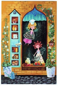 O.Beketova Russian postcard BUSY GIRLS OPERATE BAKERY STORE Flowers around - Picture 1 of 2