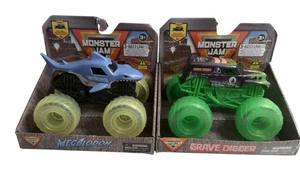 Monster Jam Megalodon Grave Digger Light Up Trucks Spin Master 2024 Glow Wheels - Picture 1 of 4