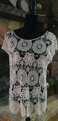 Blusa Top Boho Crochet Algodón Tejido Abierto Floral Hippie Festival Talla L  Foto 1 de 4