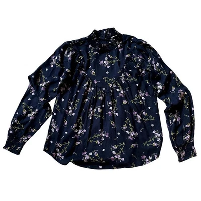 BLUSA NEGRA AZUL MARINO ESTAMPADO FLORAL OSCURO CUELLO ALTO VICTORIANO GÓTICO GÓTICO CABAÑA S Foto 1 de 4