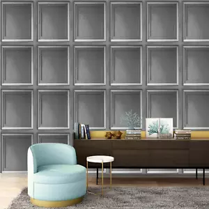 Grey Panel Effect Wallpaper Silver Textured Realistic 3D Wood Panelling Vinyl - Picture 1 of 6