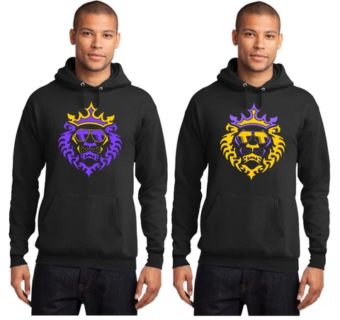 New LeBron James LA Lakers Lion with Shades Logo Purple Yellow on Black Hoodie Cover