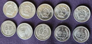 10 China 1 Fen Coins, 1963, 1964, 1975 (x7), 1980, China's Emblem Tian An Men 壹分 - Picture 1 of 3
