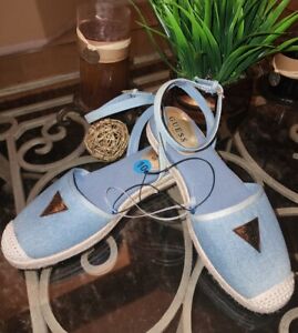 Guess WG Allans Ankle Strap Espadrille Women 9.5 Denim Blue Shoes Gold Charm NWT