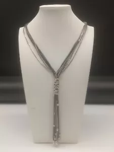 Chico's Silver Tone Chains Gray Leather Beaded Tassel Necklace - Picture 1 of 10