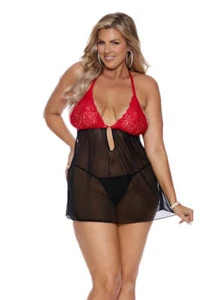 Elegant Moments Queen Sheer Mesh Lace Halter Neck Babydoll Black/Red - Picture 1 of 4