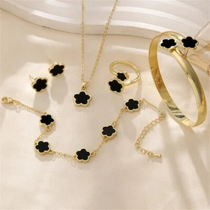 5 Pcs Leaf Clover Jewellery Set For Women Necklace Earrings Bangle Ring Bracelet - Picture 1 of 12