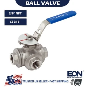 3/8" 3-Way Ball Valve L Port T Port Stainless Steel 316 NPT 1000 WOG Mount Pad - Picture 1 of 6
